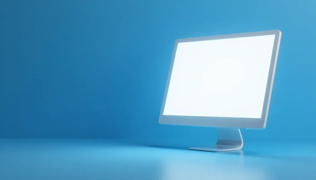 Computador com tela em branco sobre superfície azul, representando tecnologia e ambientes de trabalho modernos.