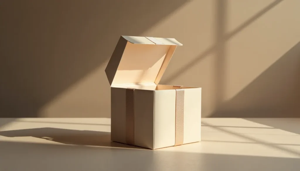 Caixa de presente aberta em um fundo neutro, com luz suave e sombras proeminentes, ideal para composições de decoração e fotografia de produtos.