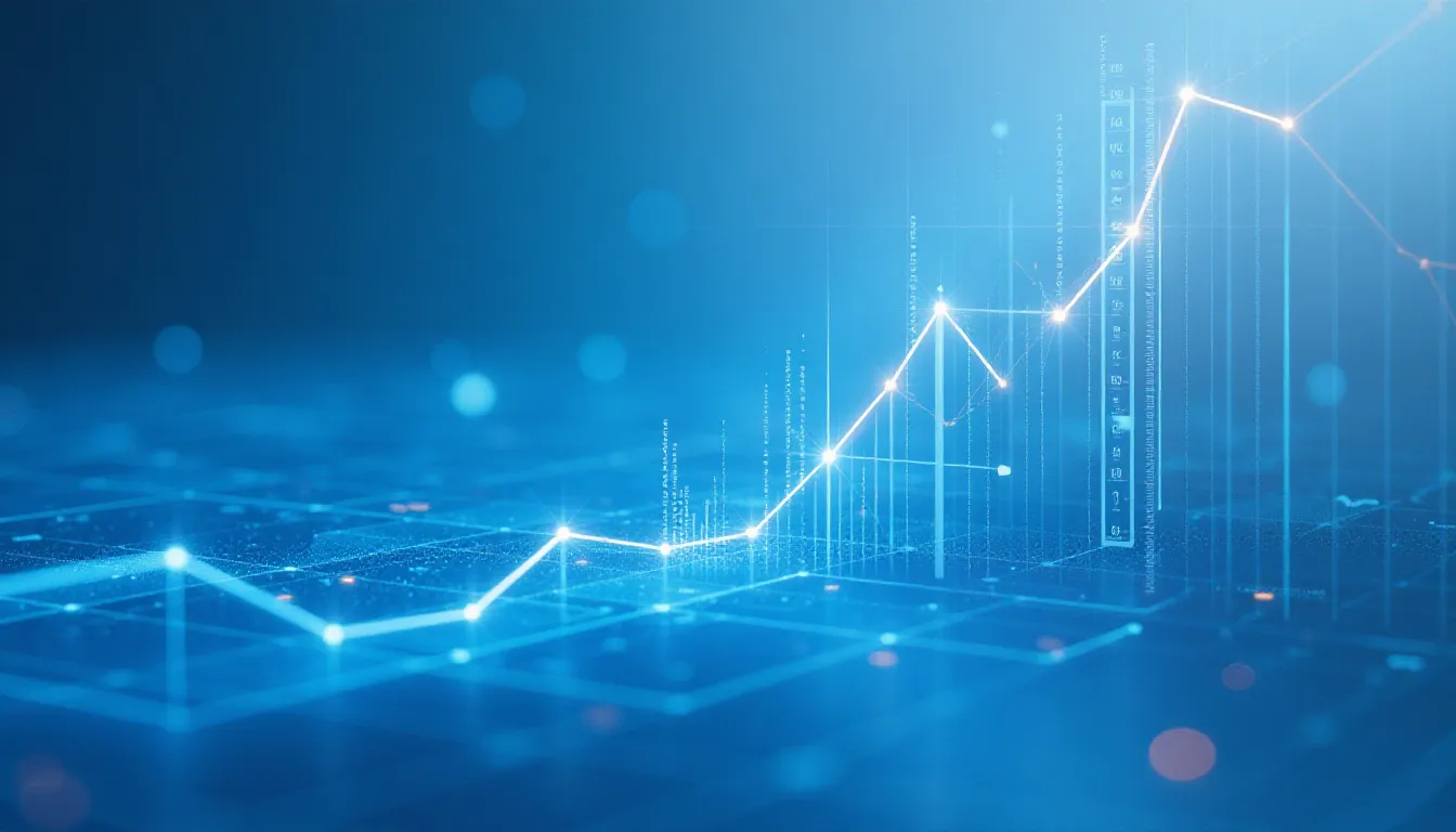 Gráfico em ascensão com dados financeiros, representando crescimento e tendências de mercado em fundo azul digital, ideal para ilustrar análises e relatórios financeiros.