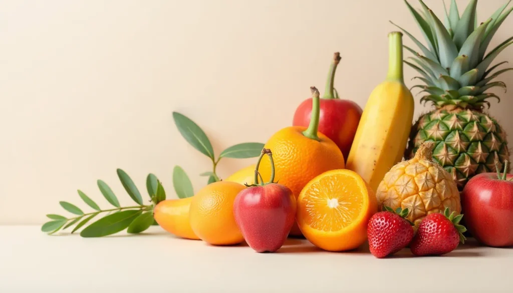 Frutas frescas organizadas em uma composição colorida, incluindo laranja, maçãs vermelhas, abacaxi, banana, morangos e folhas verdes, sobre fundo claro. Ideal para promover uma alimentação saudável.