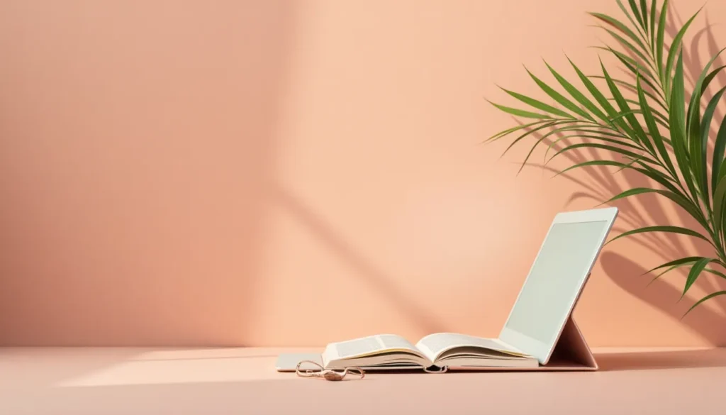 Laptop e livro abertos sobre uma mesa rosa, com uma planta verde ao fundo, formando um ambiente moderno e inspirador para estudo ou trabalho.