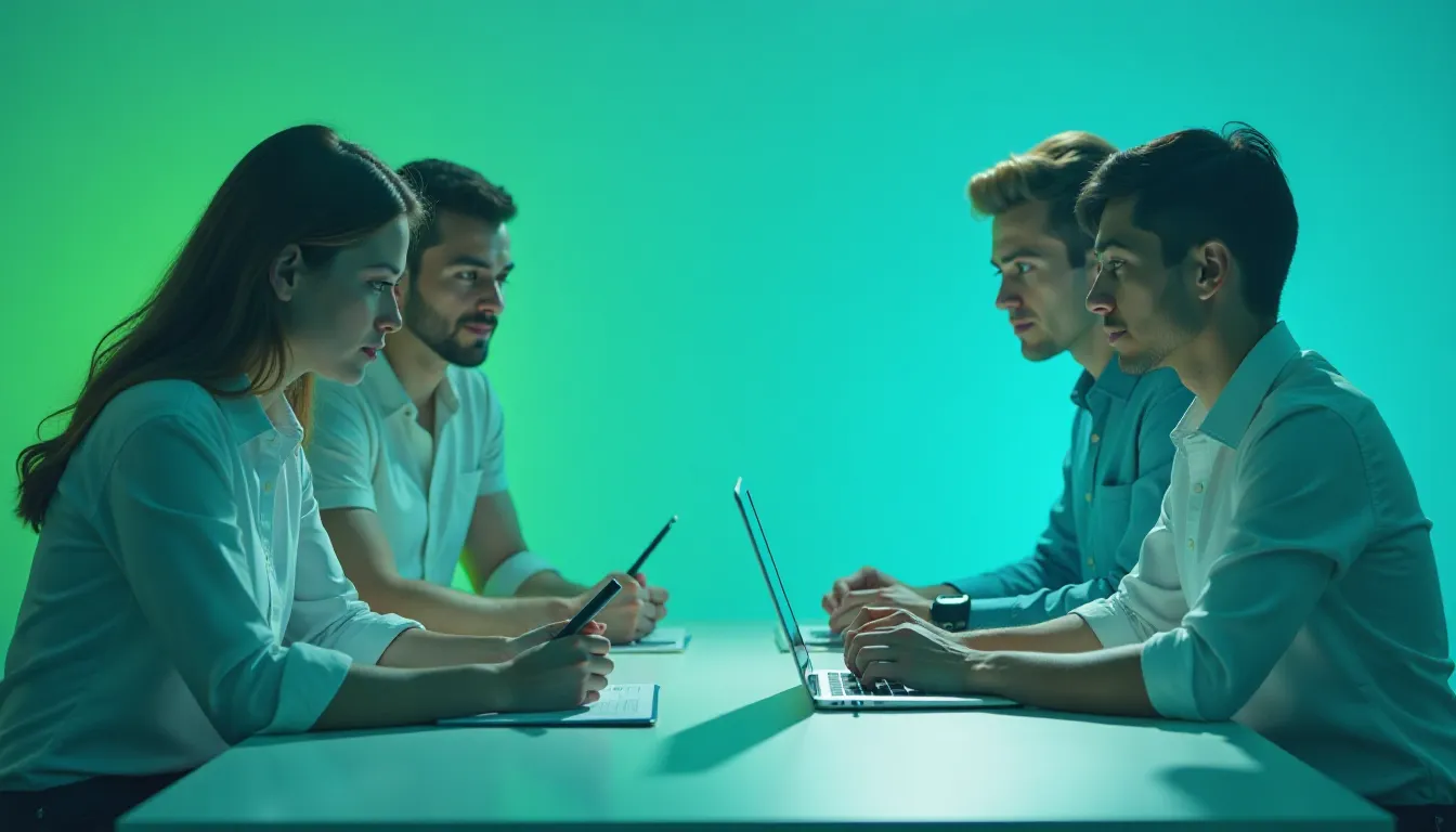 Quatro pessoas participando de uma reunião, cada uma com um laptop e um bloco de notas, em um ambiente moderno iluminado por luzes verdes. Eles estão focados em discutir ideias e colaborar em um projeto em equipe.