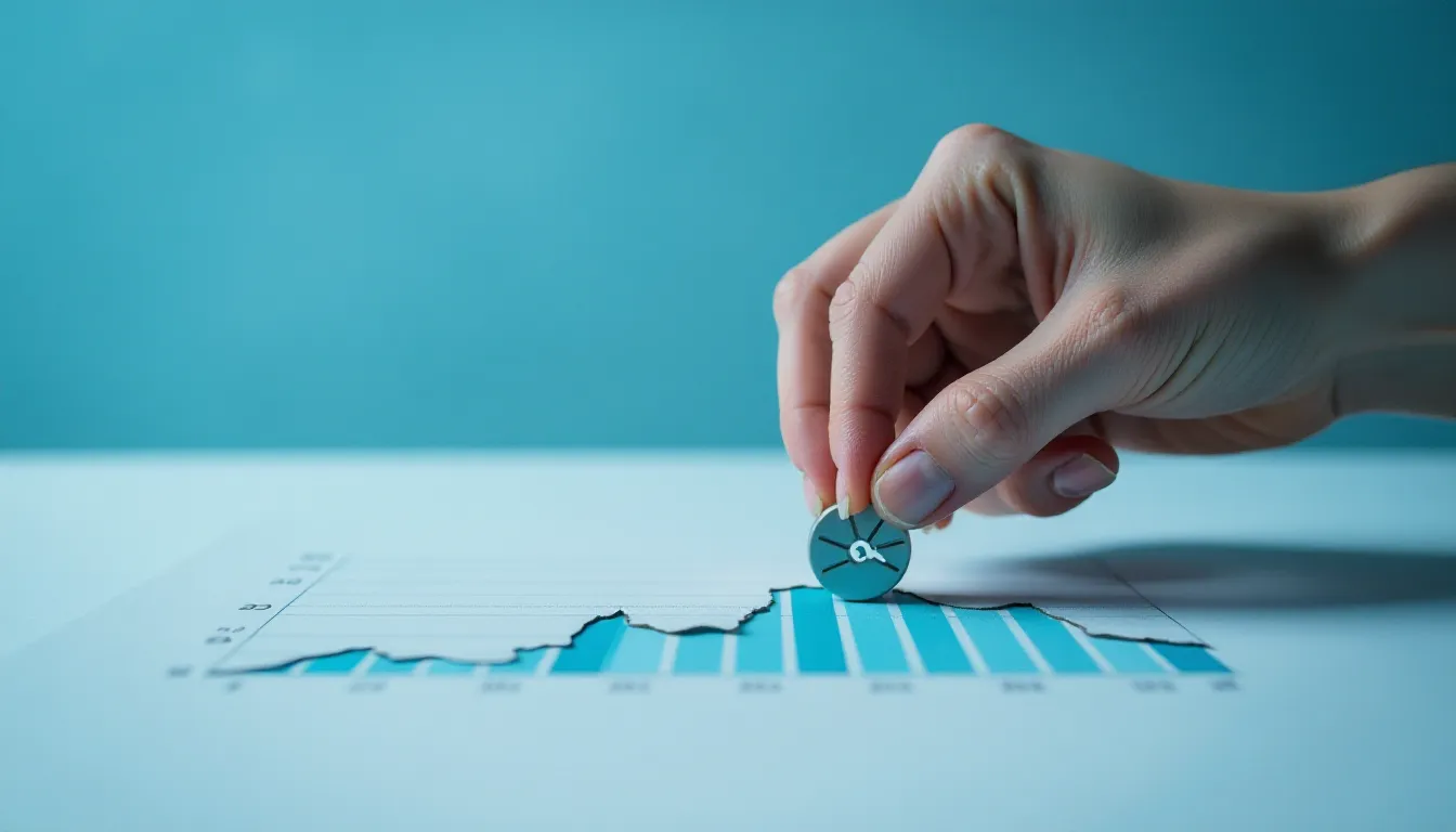 Mão feminina colocando uma moeda em cima de um gráfico em barras, simbolizando investimentos e crescimento financeiro em fundo azul.