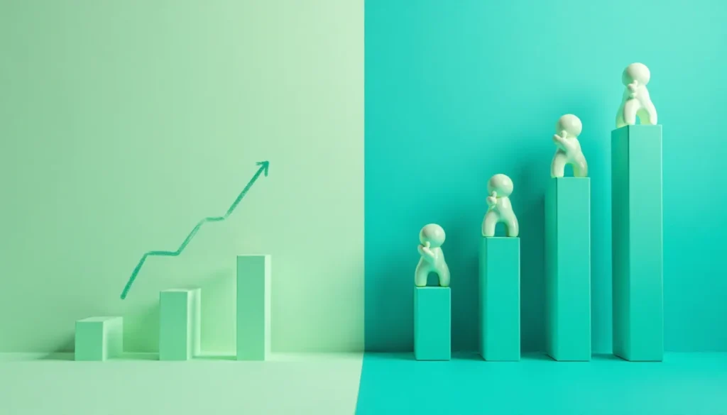 Gráficos de barras e figuras de brinquedo representando crescimento e desenvolvimento, com um gráfico de linha ascendente à esquerda e figurinos em pedestais à direita, simbolizando progresso e conquistas.