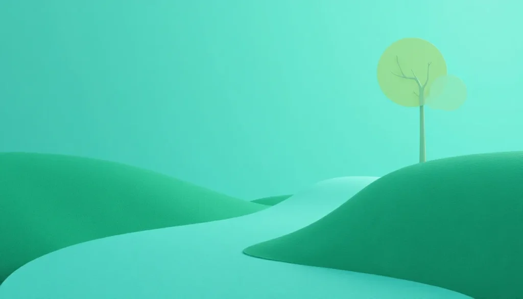 Paisagem digital minimalista com montanhas verdes suaves e um sol amarelo estilizado ao fundo, criando uma atmosfera tranquila e harmoniosa.