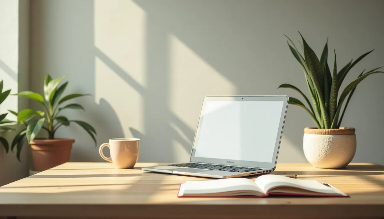 Mesa de trabalho iluminada pelo sol, com um laptop aberto, uma caneca de café e um caderno, cercada por plantas verdes em vasos decorativos.