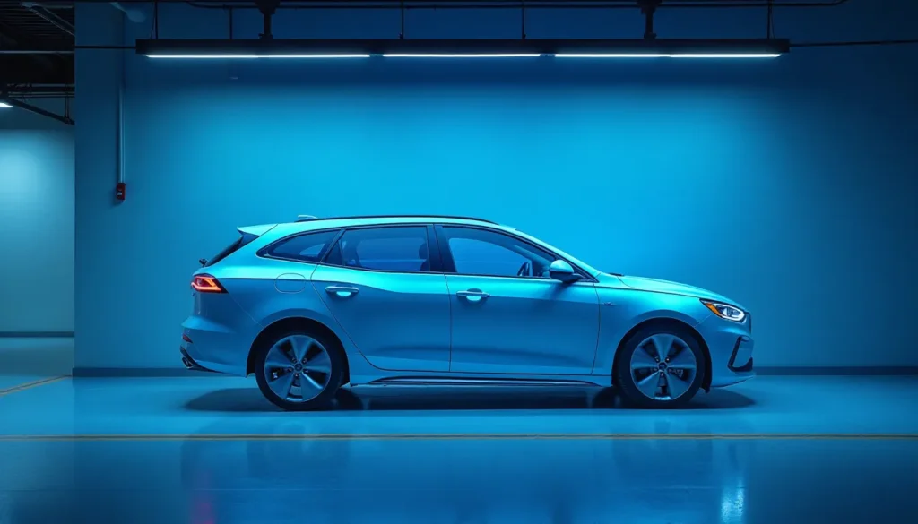 Imagem de um carro hatchback azul sob iluminação azul em um ambiente moderno, destacando suas linhas elegantes e design aerodinâmico. Ideal para destacar estilo e inovação automotiva.