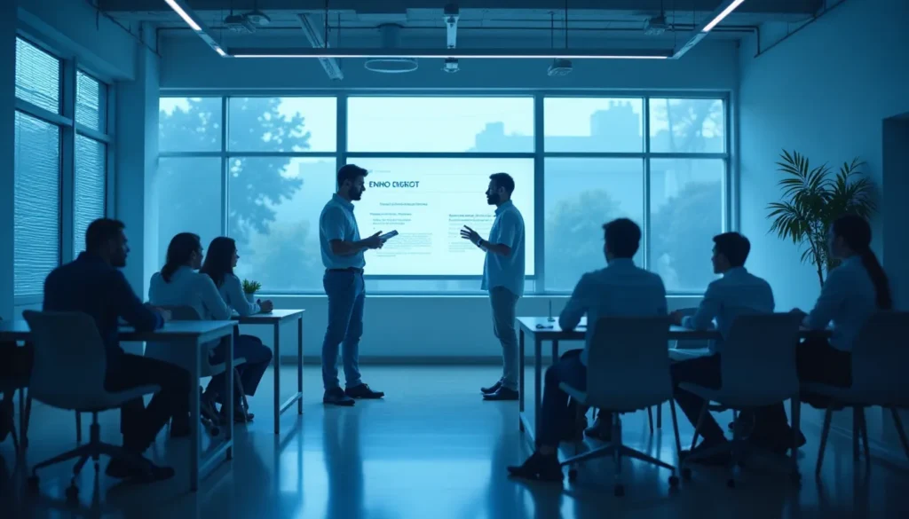 Reunião de negócios em um escritório moderno, com duas pessoas apresentando informações enquanto um grupo as observa atentamente. As janelas amplas permitem a entrada de luz natural, criando um ambiente produtivo.