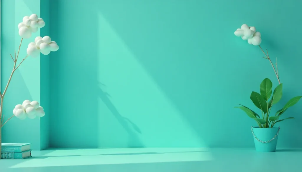 Imagem com fundo azul-turquesa apresentando uma planta em vaso e um ramo de flores brancas. A iluminação suave destaca as sombras e formas, criando um ambiente moderno e minimalista.