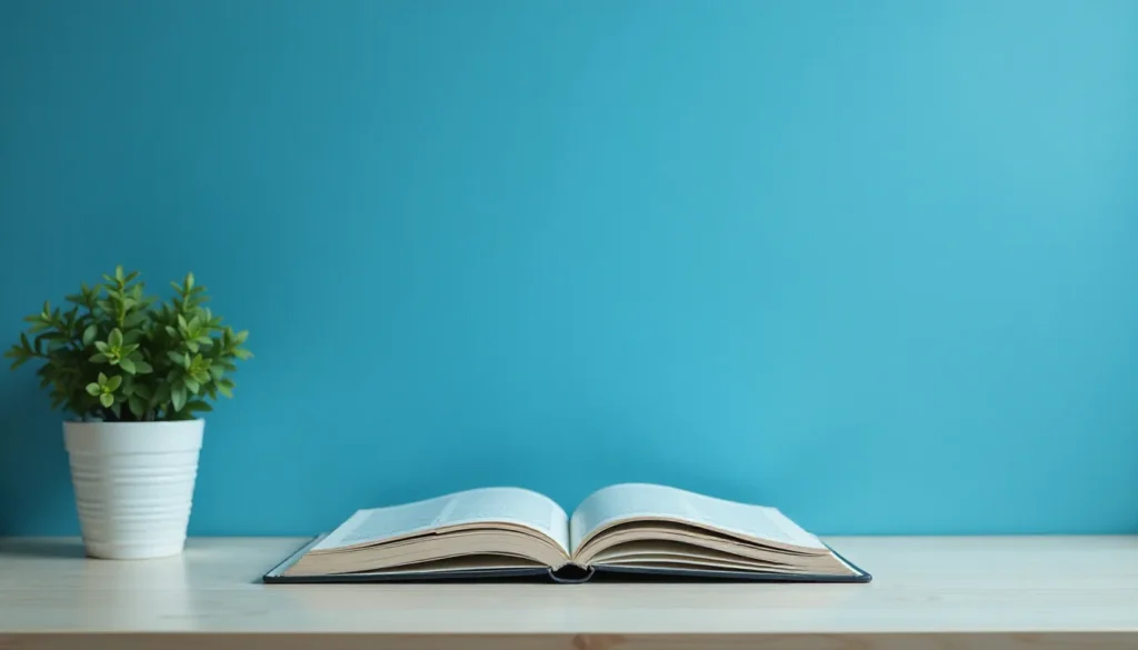 Livro aberto em uma mesa de madeira com uma planta em um vaso branco ao fundo, contra um parede azul.
