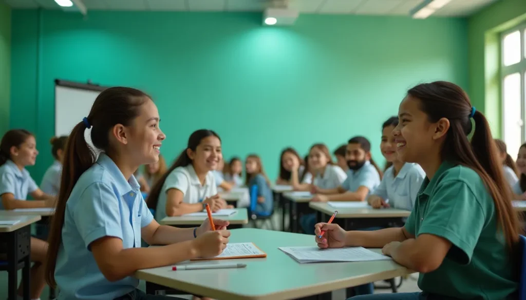 Sala de aula com estudantes sorrindo e interagindo durante uma atividade em grupo, qualificando a importância da colaboração e do aprendizado em ambiente escolar.