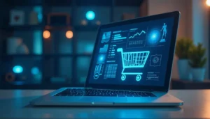 Laptop exibindo gráficos e um carrinho de compras, simbolizando tendências de e-commerce e análise de dados, em um ambiente iluminado com luz azul.