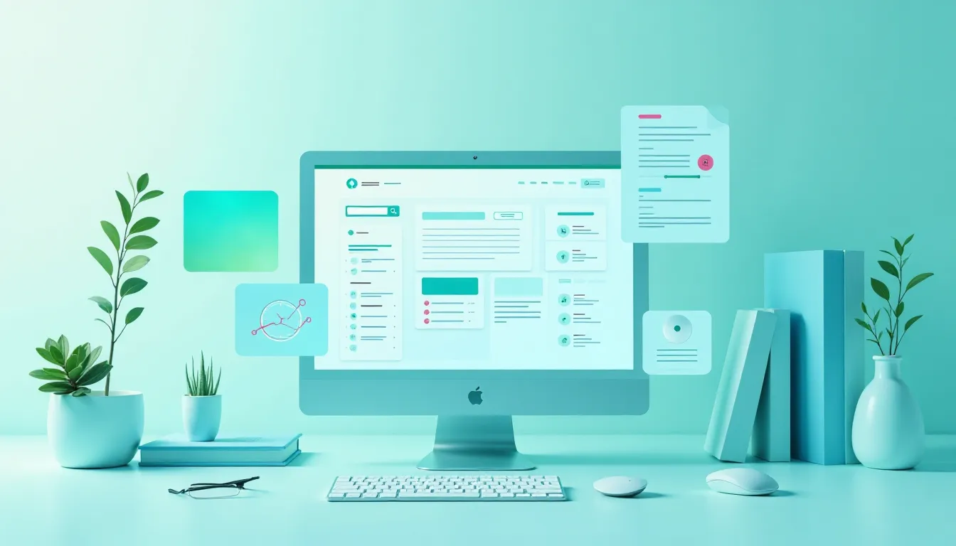 Computador desktop com interface de usuário moderna exibindo aplicativos e documentos, cercado por elementos de decoração como plantas e livros. Ideal para simbolizar ambiente de trabalho digital e produtivo.