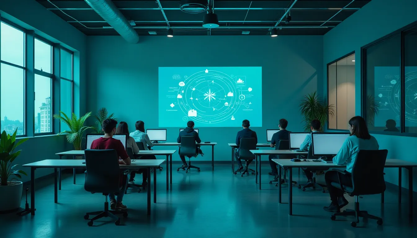 Sala de aula moderna com alunos em computadores, assistindo a uma apresentação projetada na parede sobre tecnologia e inovações, com iluminação suave e plantas decorativas.