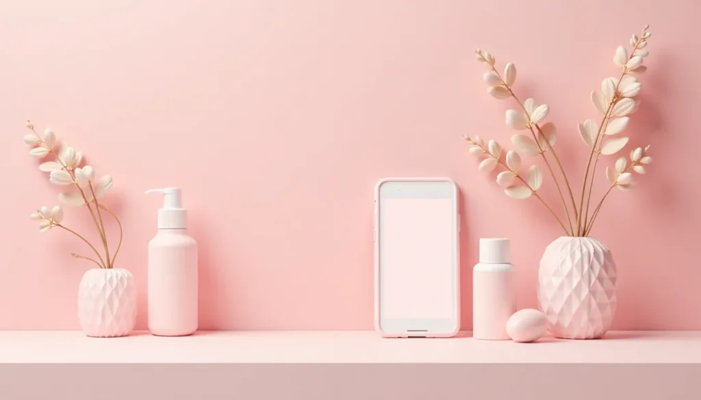 Arranjo minimalista com produtos de beleza em frascos rosa, um telefone celular sem exibição e um vaso com flores secas, em um fundo rosa suave. Ideal para temas de cuidados pessoais e estética.
