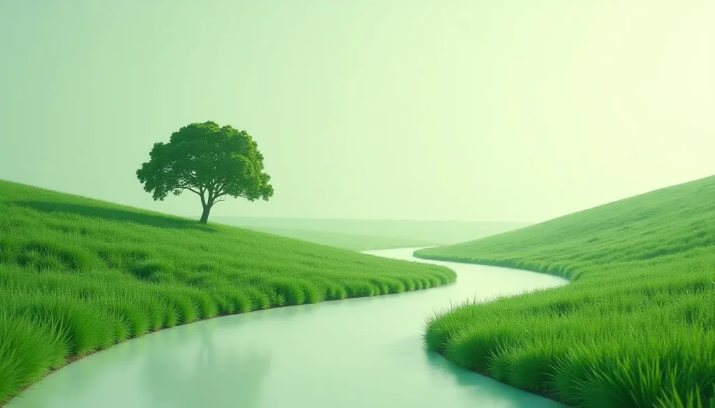 Paisagem serena com um rio sinuoso, cercado por colinas verdes e um grande árvore solitária ao fundo, transmitindo tranquilidade e harmonia com a natureza.