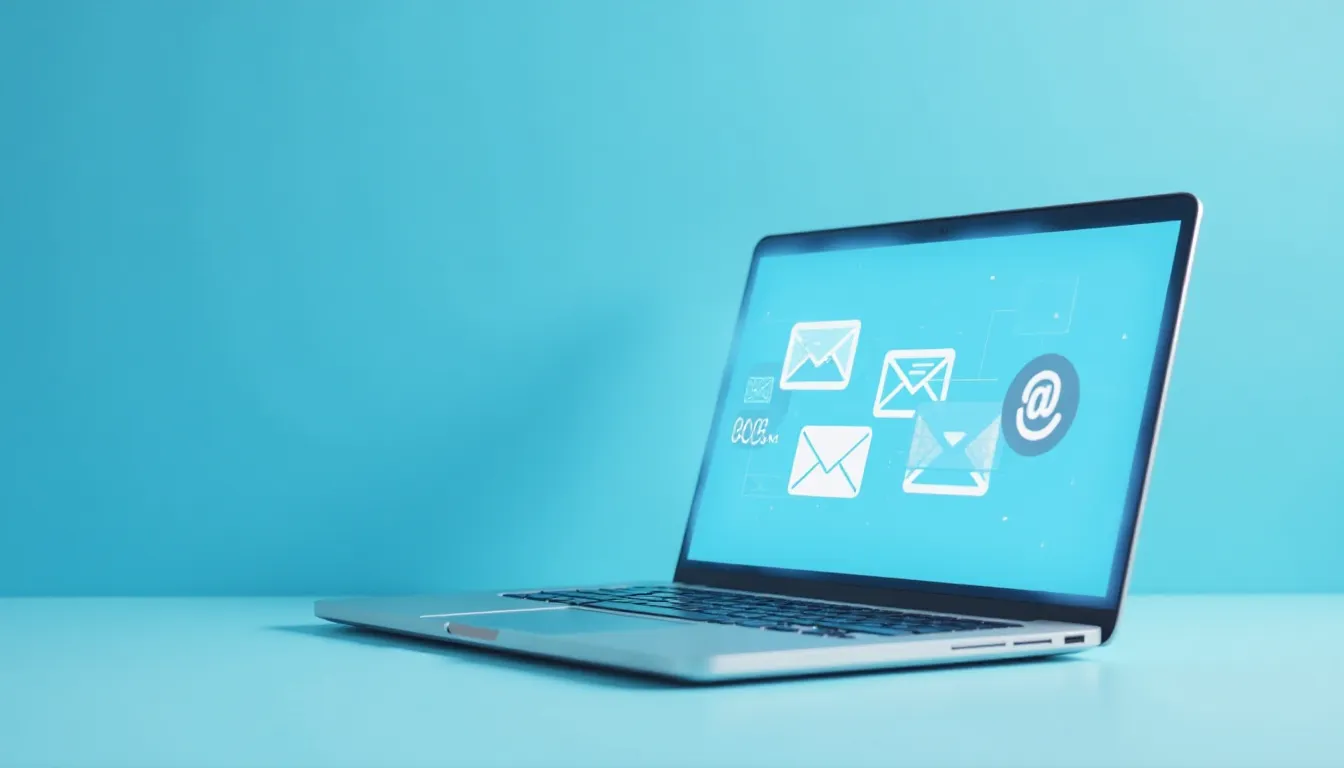 Laptop moderno exibindo uma tela azul com ícones de email, simbolizando comunicação digital e tecnologia.