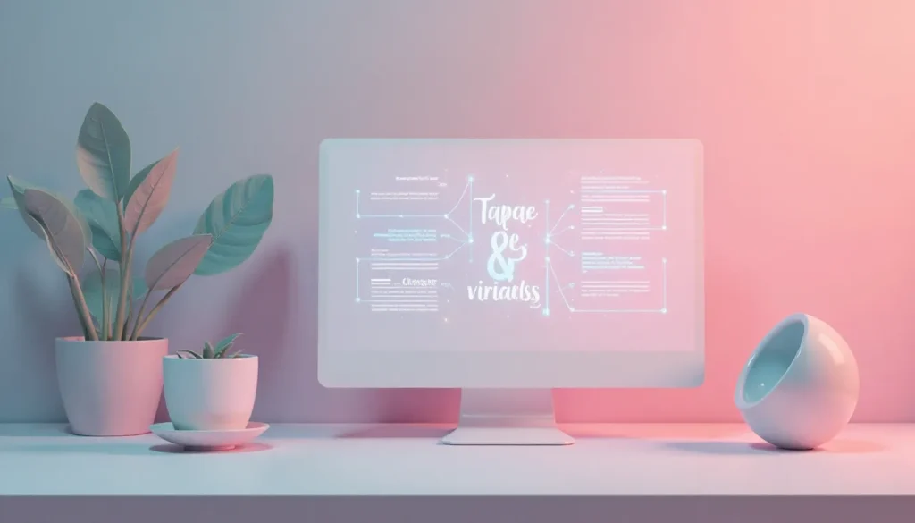 Imagem de um computador moderno em uma mesa minimalista, exibindo um design digital com as palavras "Tapae & viraliss", cercado por plantas em vasos brancos, criando um ambiente elegante e inspirador para trabalho ou estudo.